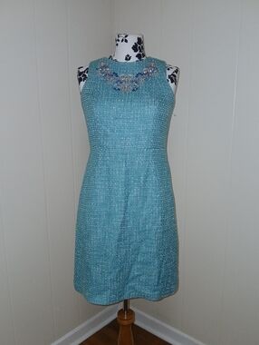 Cynthia Steffe Sleeveless Textured Aqua Blue Embellished Neck Dress